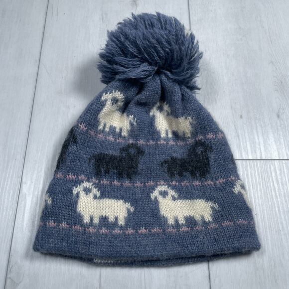 Vintage Eddie Bauer Lamb Wool Knit Ski Snowboard Cap Beanie Hat Blue Pompom - Picture 1 of 8